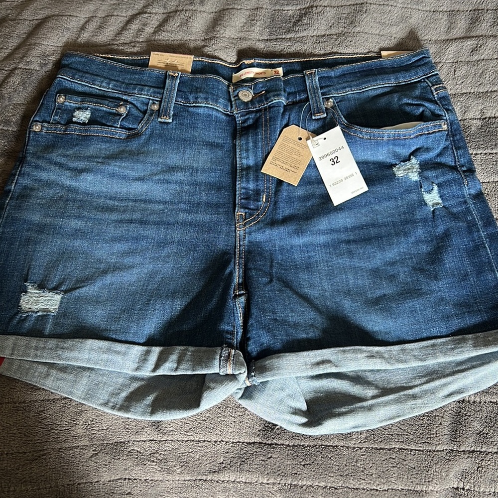 Levi’s Mid-Length Shorts, Hypersoft,  Mid Rise, 32 waist, Ripped, BNWT.